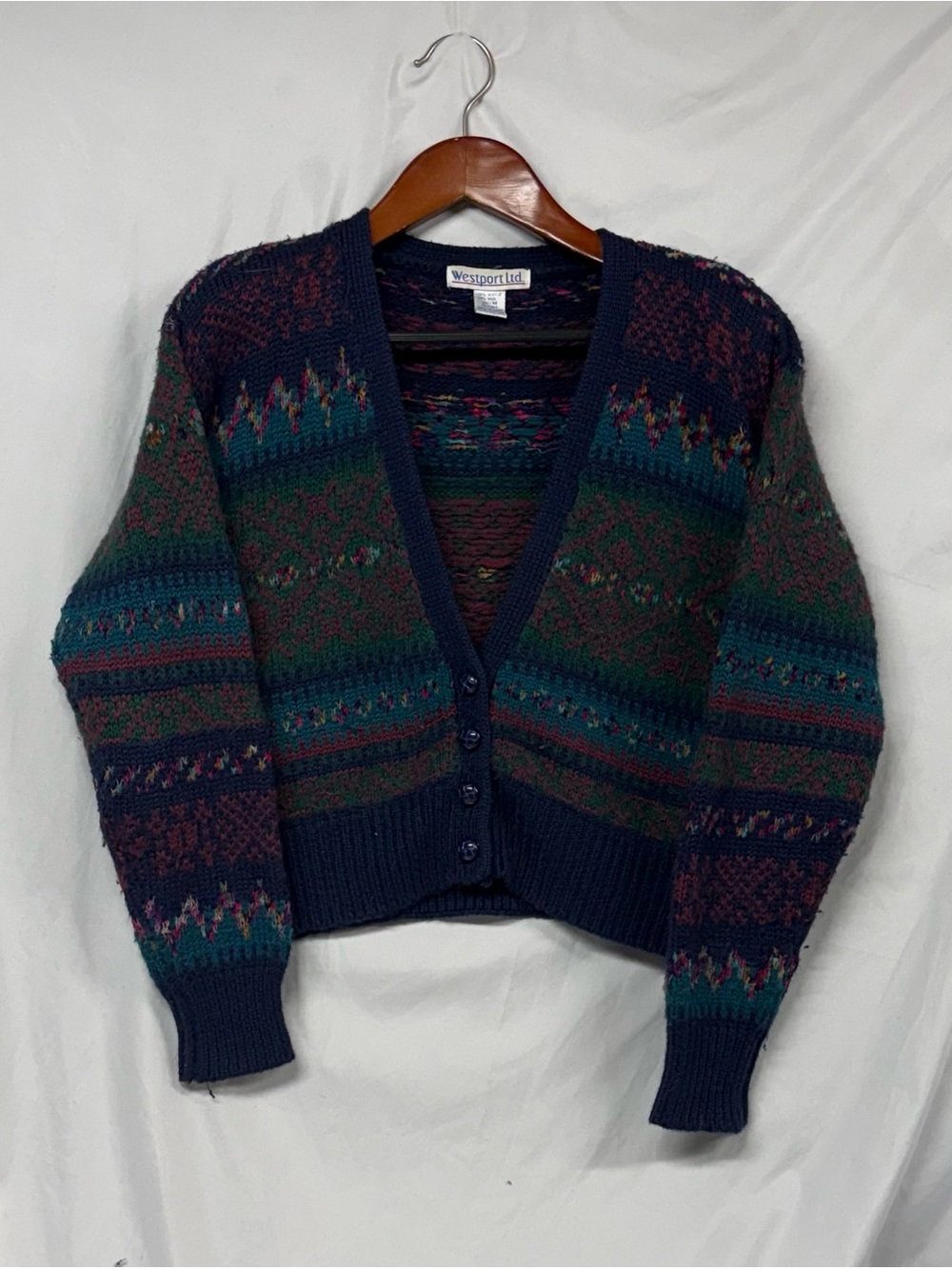 Westport Navy, Green & Teal Patterned V-Neck Cardigan